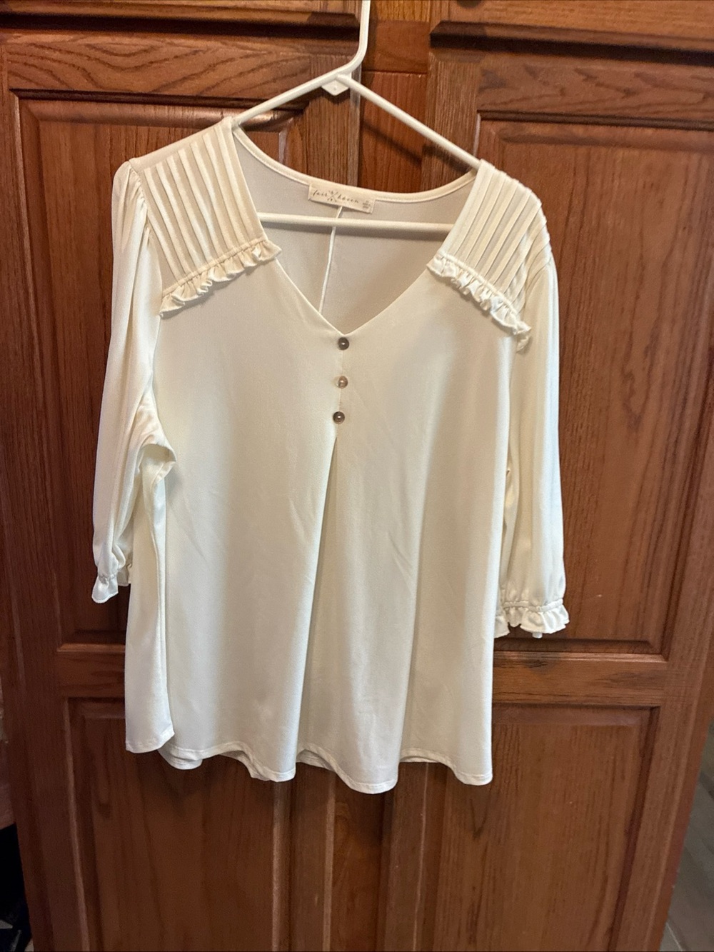 Fair Haven women’s Ivory V-Neck Blouse with Pintuck Shoulders and Button Front s